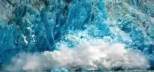 Image: blue polar ice caps surrounded by wisps of clouds.