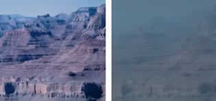 Image: on the left, clearly visible rock formations. On the right, the same image but with visibly impairing pollution.