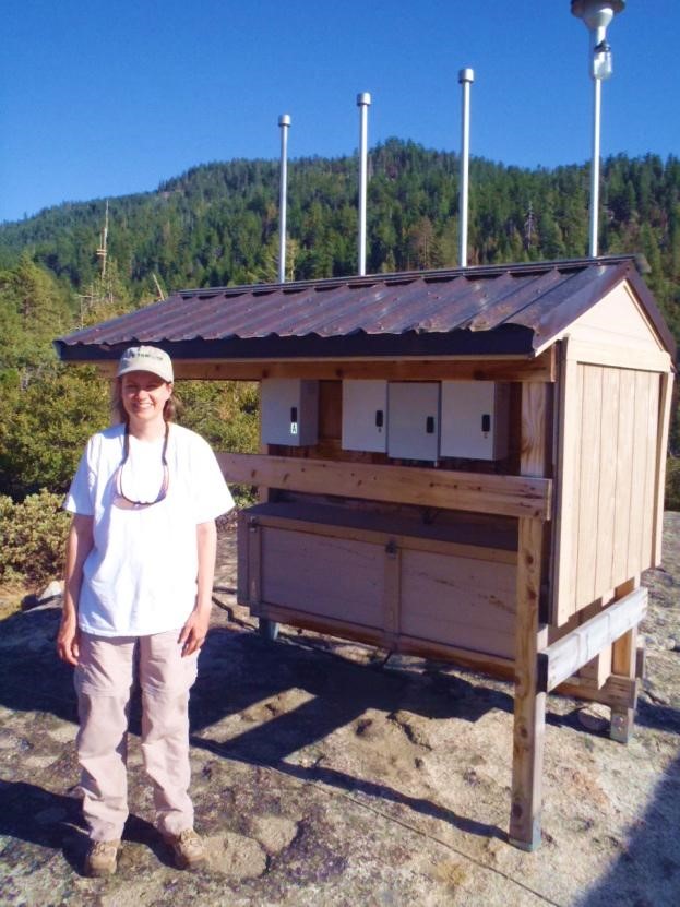 Image: Ann Dillner standing next to a monitoring station at a sandy beach.