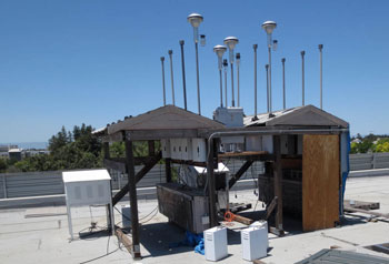 Image: Air Quality stations on a rooftop surrounded by equipment.