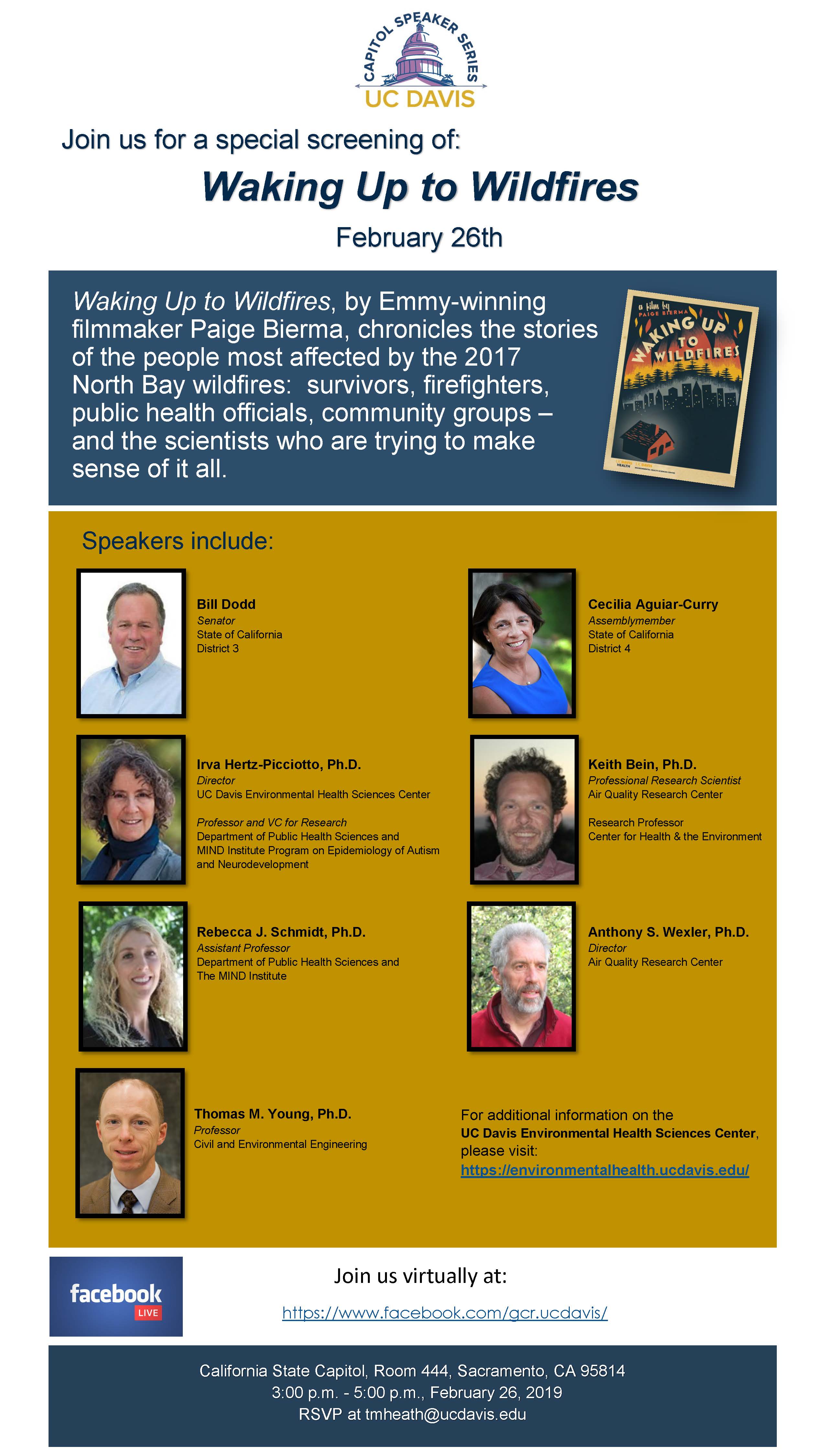 Image: Waking Up to Wildfires poster, plus details of the film's contents, which include those affected and concerned by the North Bay wildfires. This is followed by the list of speakers.