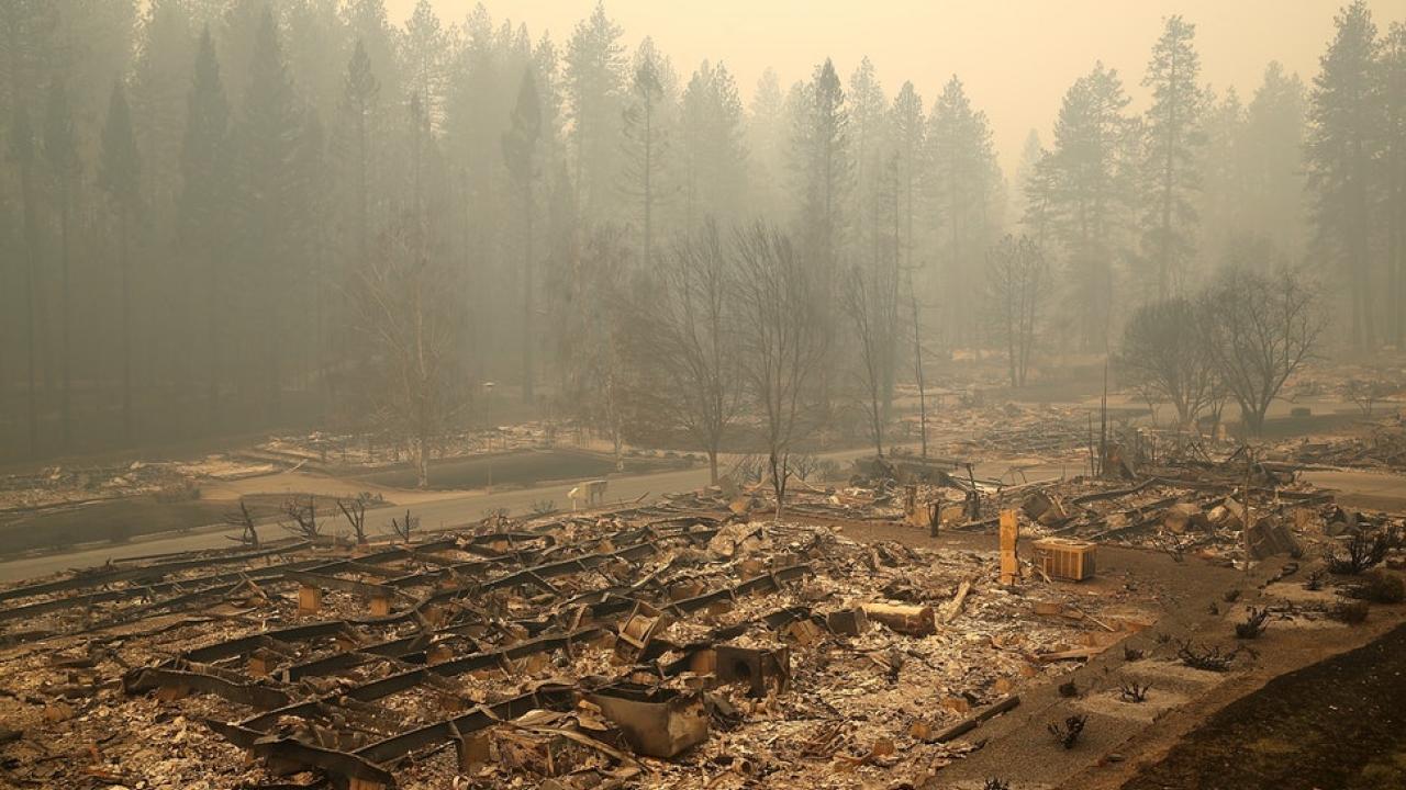 Image: after-effects of the air quality from California's Camp fire depicting lingering smoke and charred ground.