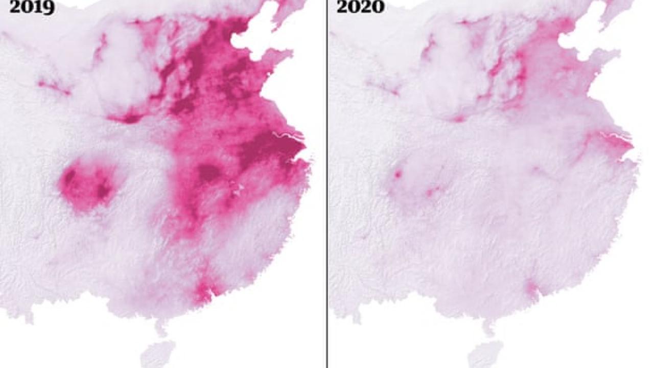 Pollution levels in China in 2019, left, and 2020. Photograph: Guardian Visuals / ESA satellite data