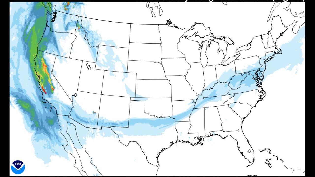 Map of California wildfire smoke traveling across the nation Image: map of California wildfire smoke traveling across the nation from the west to the east.