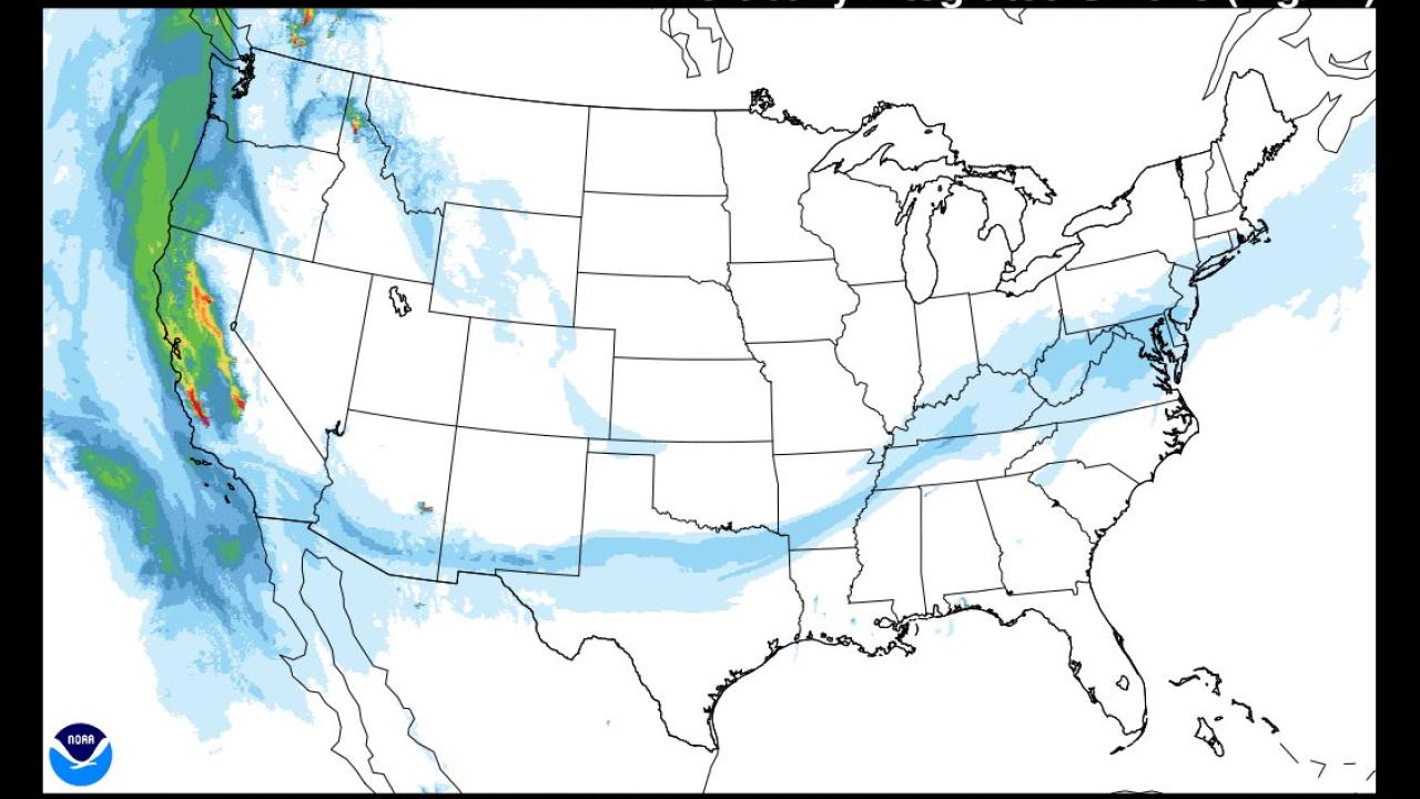 Image: map of California wildfire smoke traveling across the nation from the west to the east.