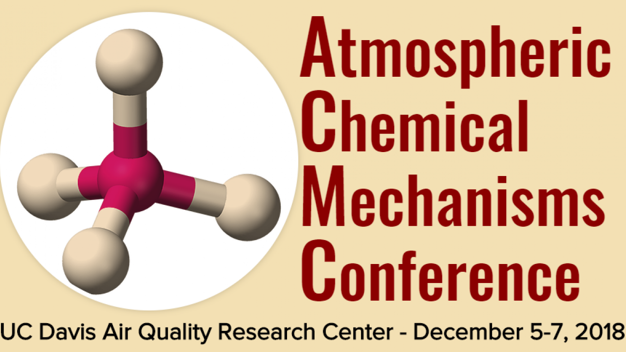 Image: poster for Atmospheric Chemical Mechanisms Conference, featuring a molecule against a yellow background.