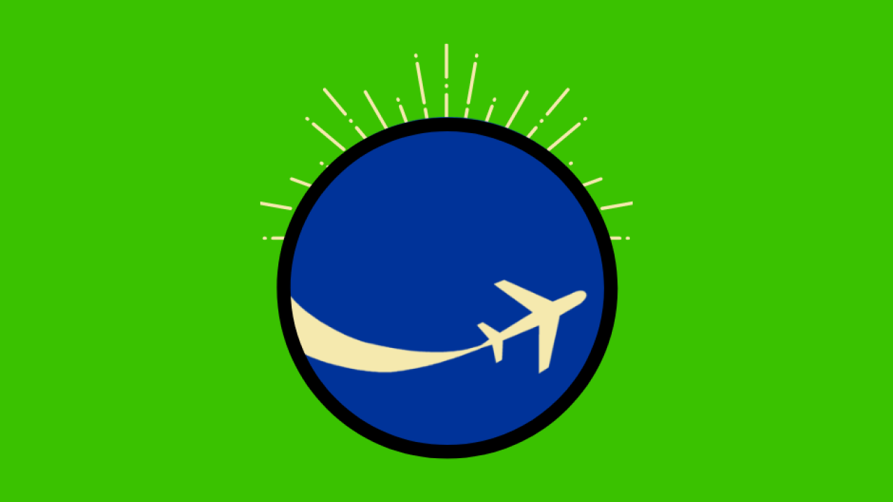 Image: a logo of a blue circle with an airplane over a green background.