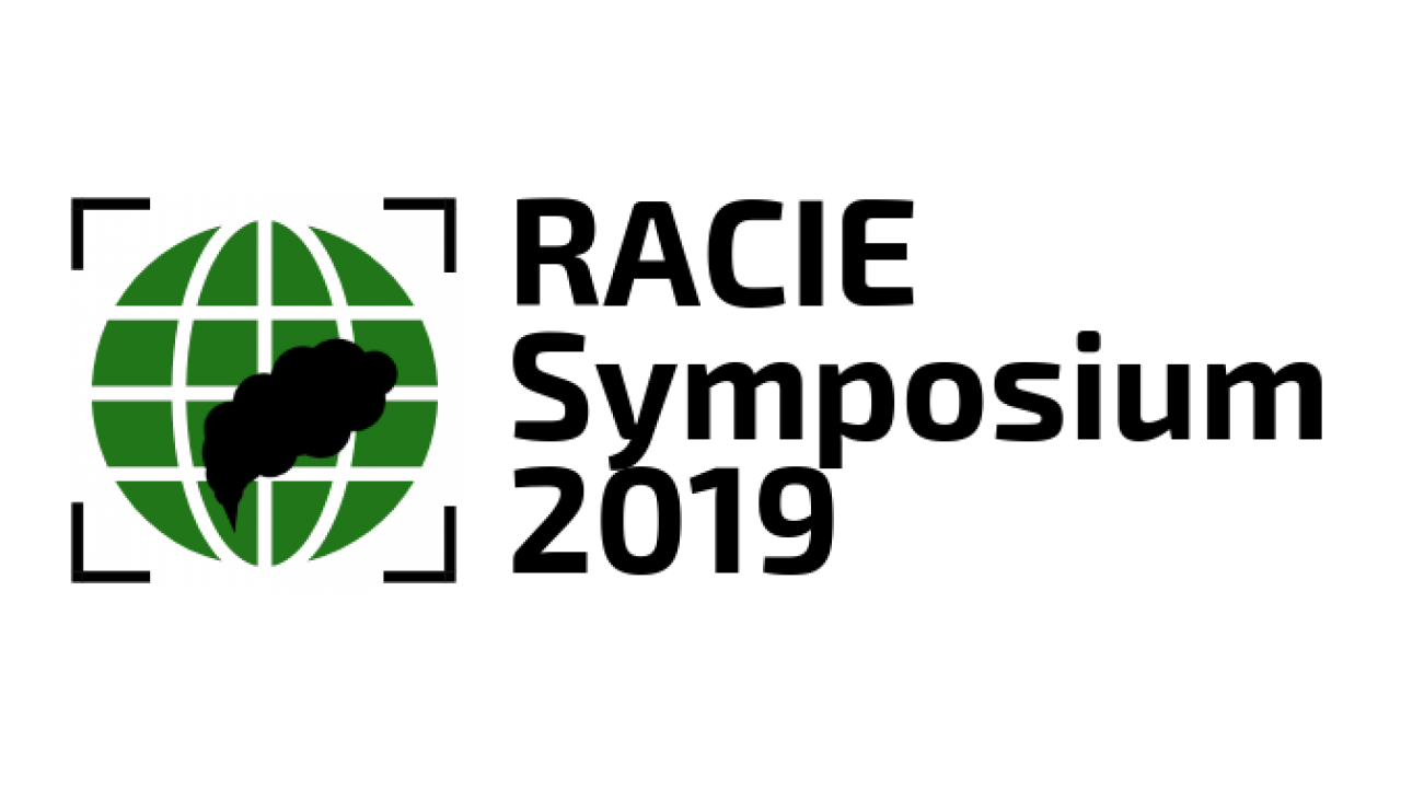 Image: a logo with a green globe and blacked out smoke plume with text, "RACIE Symposium 2019".