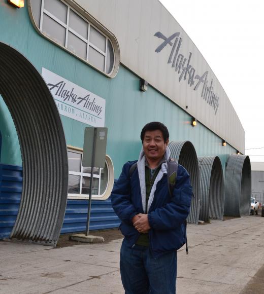 Image: photo of Yongjing Zhao outside Alaska Airlines terminal.