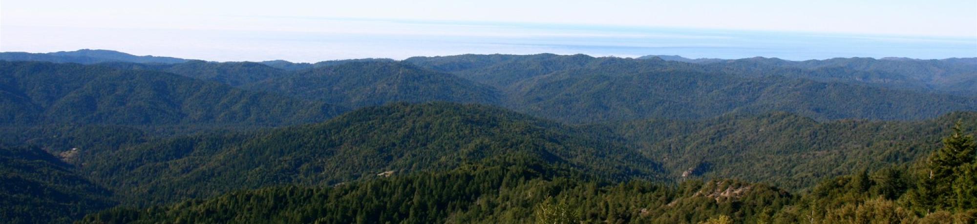 Image: a clear day overlooking the horizon at Cahto Peak.
